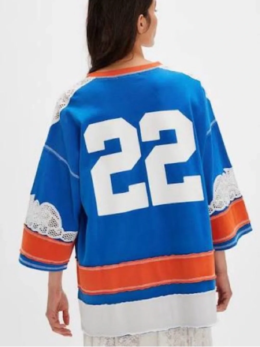 Free people Cambridge oversized Blue & Orange Lace-Trim Jersey style tee